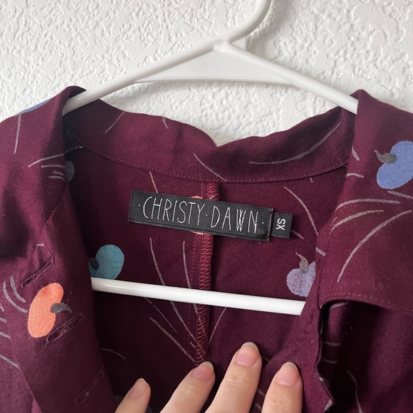 Christy Dawn Apple Print Midi Dress Half Button Half Sleeve Collared Burgundy XS - Picture 4 of 7
